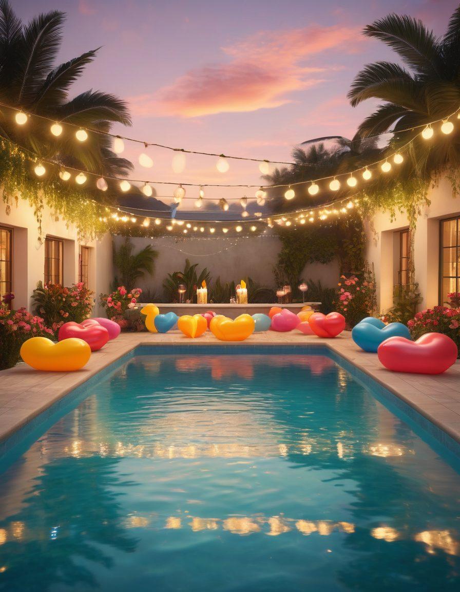 A vibrant pool party scene showcasing colorful pool floats shaped like hearts, string lights overhead creating a warm glow, guests laughing and enjoying drinks, tables adorned with romantic decorations like flowers and candles, a sunset casting golden hues over the water. super-realistic. vibrant colors. 3D.