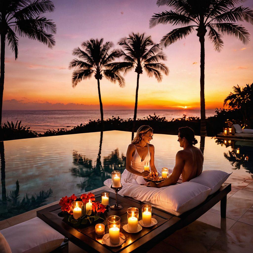 A romantic poolside scene featuring a beautifully set table with candles and soft pillows, colorful tropical flowers, a couple laughing and enjoying drinks by a luxurious infinity pool. The sunset casts a warm glow, reflecting on the water, creating an inviting atmosphere. Palm trees gently sway in the background, enhancing the ambiance of romance. super-realistic. vibrant colors. warm lighting.