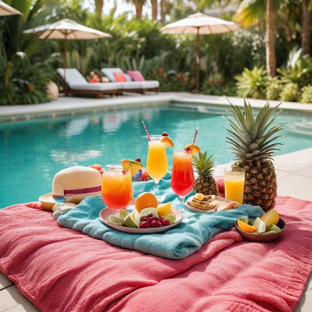 A sun-soaked poolside setting with a beautifully arranged picnic, featuring a cozy blanket, plush cushions, and two glasses of colorful cocktails. Show a couple enjoying the moment, surrounded by tropical plants, with a sparkling pool reflecting the sunlight. Add playful elements like floating pool toys and warm sunlight filtering through palm trees. pastel colors. vibrant and cheerful atmosphere.